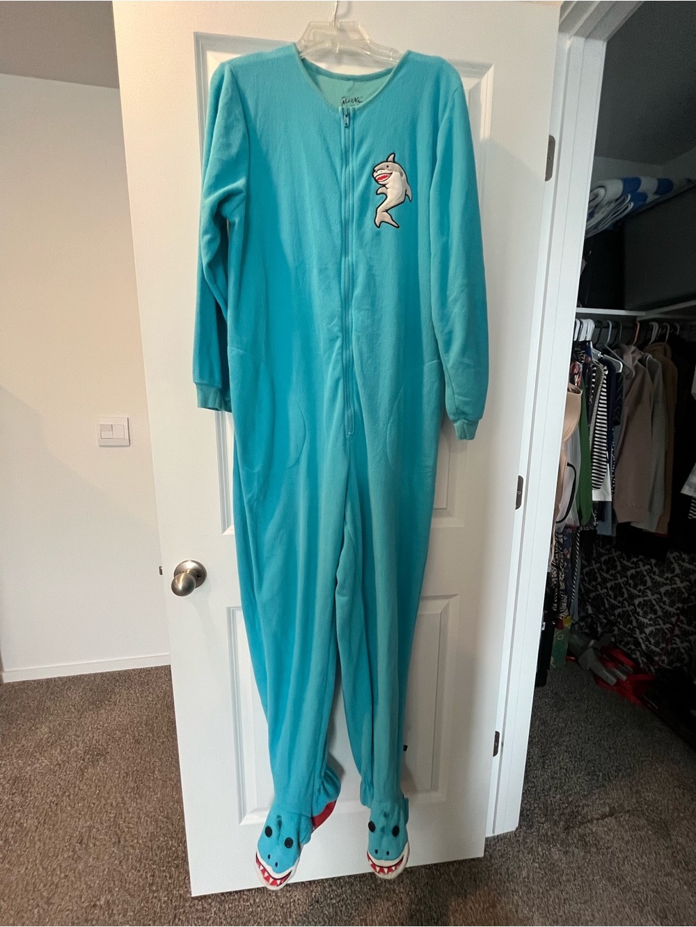 Nick & Nora Adult Size L Turquoise Shark Footed Onesie